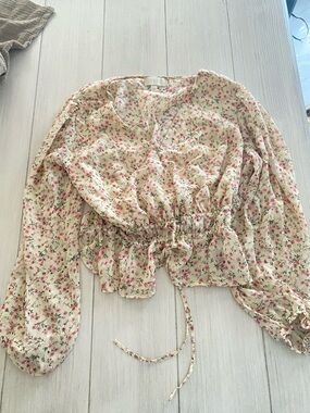 Floral Drawstring Peplum Blouse - Cream Pink